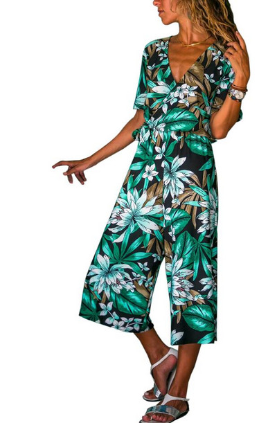 INMOTENG Sinise/valge/rohelise ümbrisega V-kaelusega lilleline laia säärega kombinesoon vööga Naiste suvised mitmevärvitrükiga rannas vabaaja Boho püksid