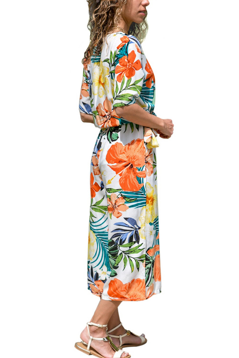 INMOTENG Sinise/valge/rohelise ümbrisega V-kaelusega lilleline laia säärega kombinesoon vööga Naiste suvised mitmevärvitrükiga rannas vabaaja Boho püksid