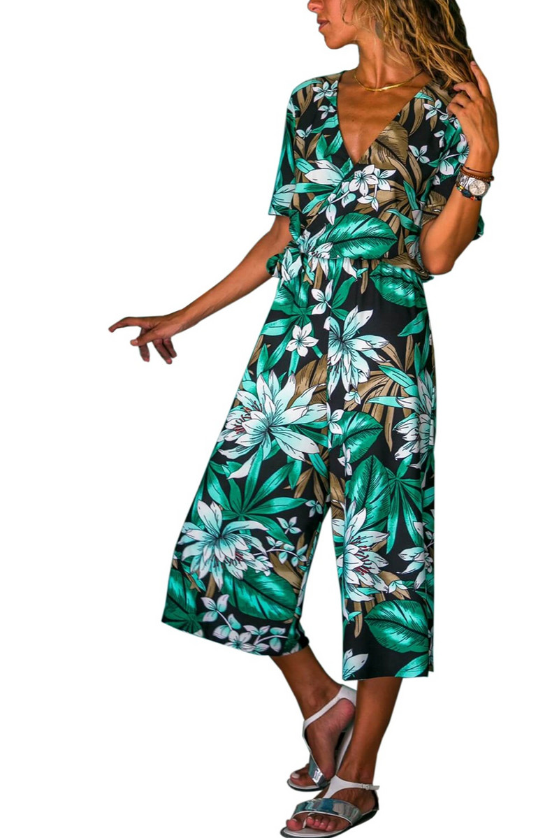 INMOTENG Sinise/valge/rohelise ümbrisega V-kaelusega lilleline laia säärega kombinesoon vööga Naiste suvised mitmevärvitrükiga rannas vabaaja Boho püksid