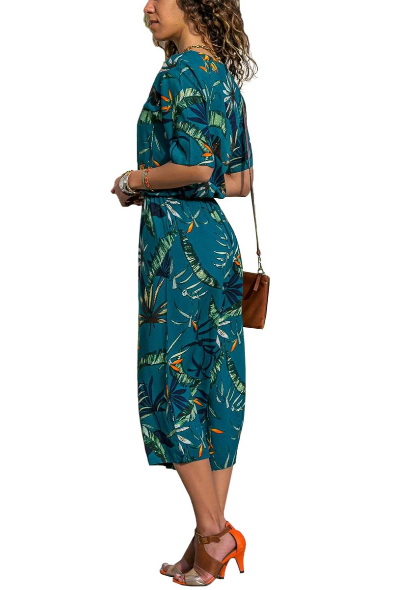 INMOTENG Sinise/valge/rohelise ümbrisega V-kaelusega lilleline laia säärega kombinesoon vööga Naiste suvised mitmevärvitrükiga rannas vabaaja Boho püksid