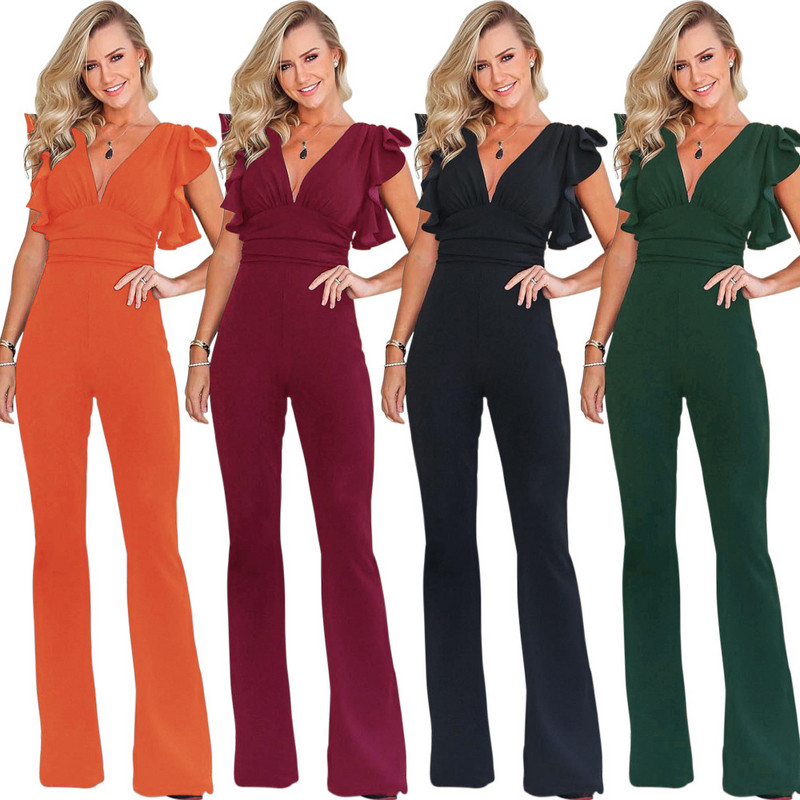 Kombinezon s dubokim V izrezom s volanima i leptir rukavima Seksi jednodijelni kombinezon s dugim hlačama s naborima na leđima i patentnim zatvaračem