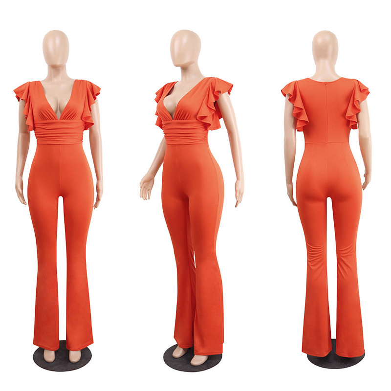 Kombinezon s dubokim V izrezom s volanima i leptir rukavima Seksi jednodijelni kombinezon s dugim hlačama s naborima na leđima i patentnim zatvaračem