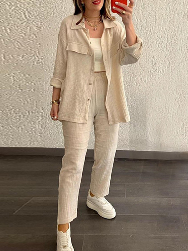 Dvodijelni kompleti Ženska proljeće jesen Ženska jakna široke košulje dugih rukava Ležerne hlače širokih nogavica Ženska odjeća velikih veličina