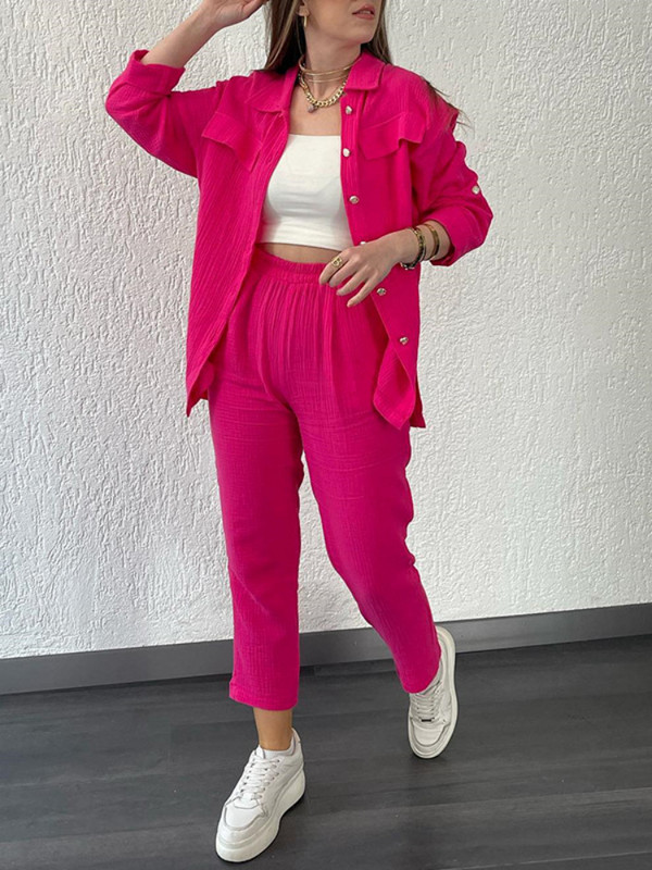 Dvodijelni kompleti Ženska proljeće jesen Ženska jakna široke košulje dugih rukava Ležerne hlače širokih nogavica Ženska odjeća velikih veličina