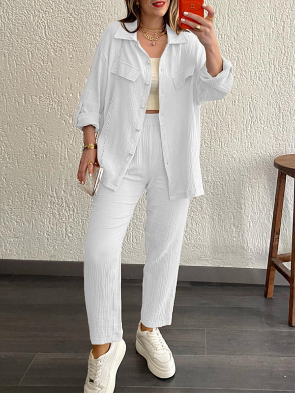 Dvodijelni kompleti Ženska proljeće jesen Ženska jakna široke košulje dugih rukava Ležerne hlače širokih nogavica Ženska odjeća velikih veličina