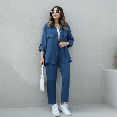 Kaheosalised naiste komplektid, kevad-sügis, uus Korea pikkade varrukatega särgi jope kõrge vöökohaga vabaaja pükste komplekt, elegantsed osad