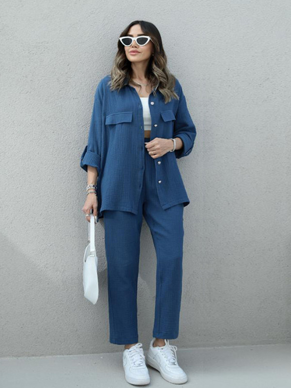 Kaheosalised naiste komplektid, kevad-sügis, uus Korea pikkade varrukatega särgi jope kõrge vöökohaga vabaaja pükste komplekt, elegantsed osad