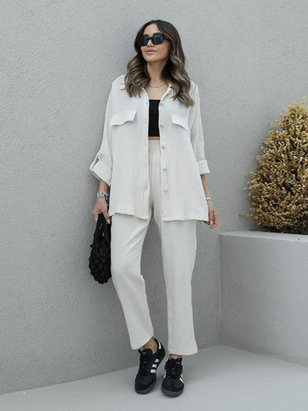 Kaheosalised naiste komplektid, kevad-sügis, uus Korea pikkade varrukatega särgi jope kõrge vöökohaga vabaaja pükste komplekt, elegantsed osad