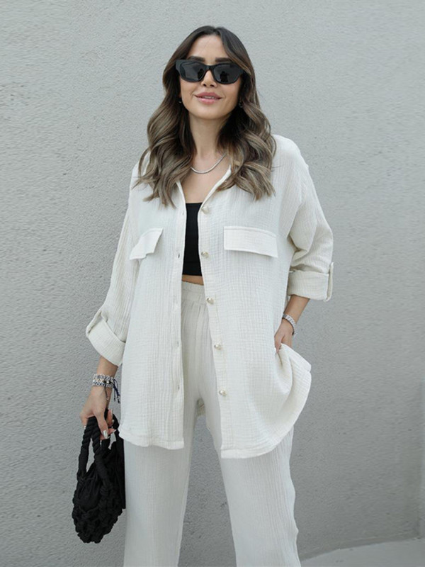 Kaheosalised naiste komplektid, kevad-sügis, uus Korea pikkade varrukatega särgi jope kõrge vöökohaga vabaaja pükste komplekt, elegantsed osad