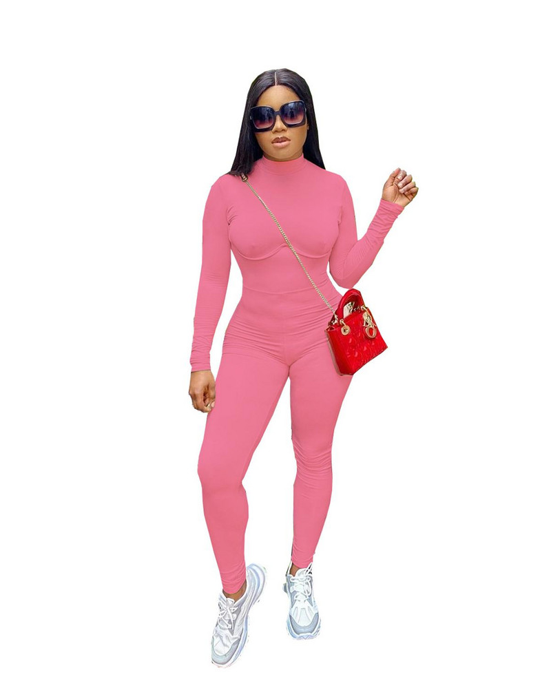 Ležerne dolčevite i fitness hlače za tijelo Ženski kombinezon Seksi hlače s olovkom dugih rukava uz rub Ružičasto crni kombinezon Ženska odjeća