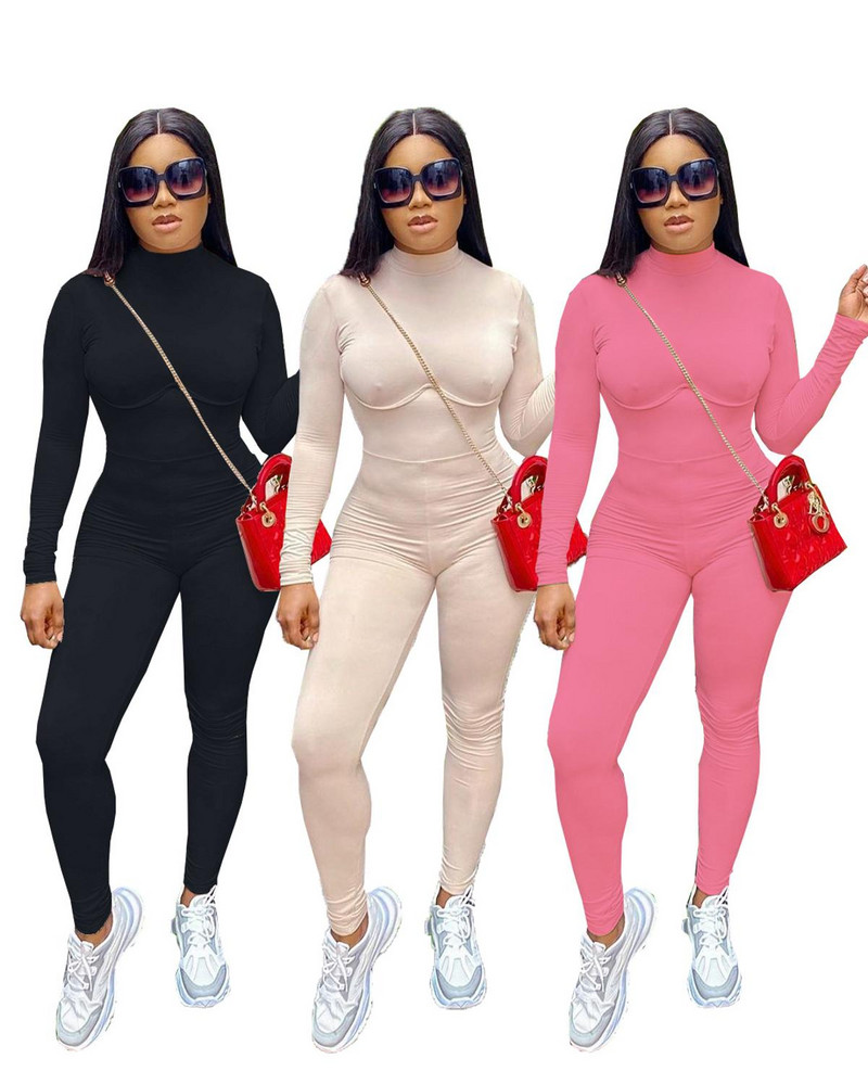 Ležerne dolčevite i fitness hlače za tijelo Ženski kombinezon Seksi hlače s olovkom dugih rukava uz rub Ružičasto crni kombinezon Ženska odjeća