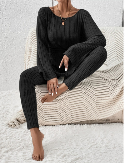 Sügisene uus kootud triibuline kampsun, laia säärega püksid, kaheosalised komplektid naiste varustus Elegantne kontori naiste komplekt, venitusriided