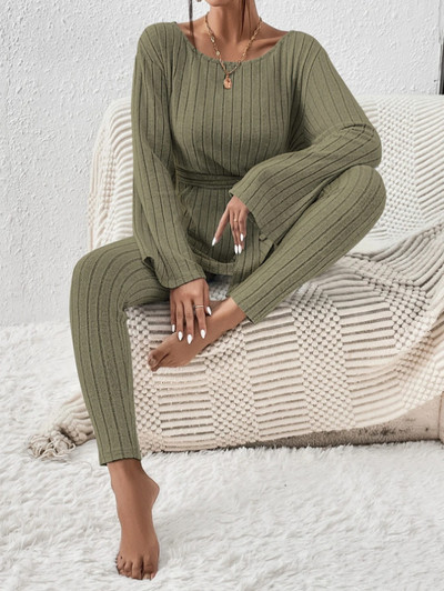 Sügisene uus kootud triibuline kampsun, laia säärega püksid, kaheosalised komplektid naiste varustus Elegantne kontori naiste komplekt, venitusriided