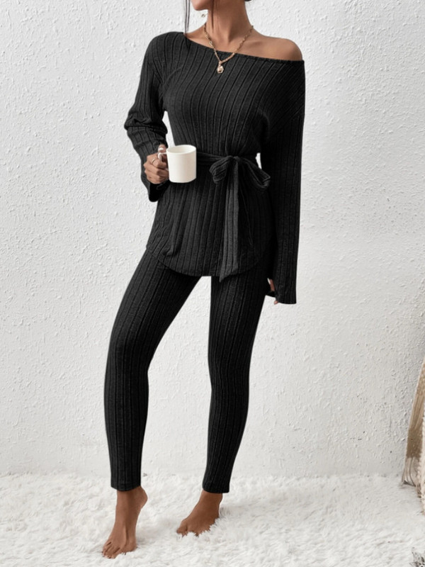 Sügisene uus kootud triibuline kampsun, laia säärega püksid, kaheosalised komplektid naiste varustus Elegantne kontori naiste komplekt, venitusriided