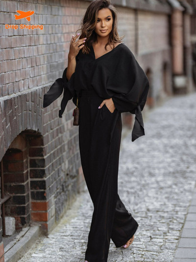 Kaheosaline naiste komplekt 2023 tänavastiilis ühevärviline moodne V-kaelusega nöörpükste komplekt Elegantne naiste komplekt