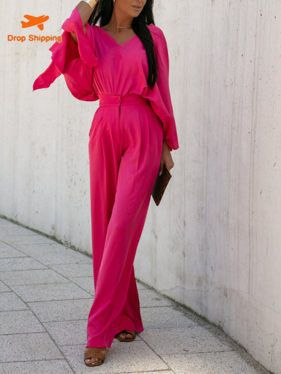 Kaheosaline naiste komplekt 2023 tänavastiilis ühevärviline moodne V-kaelusega nöörpükste komplekt Elegantne naiste komplekt