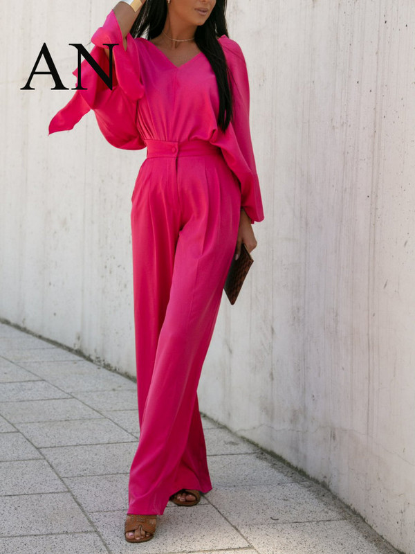 Kaheosaline naiste komplekt 2023 tänavastiilis ühevärviline moodne V-kaelusega nöörpükste komplekt Elegantne naiste komplekt