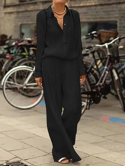 Novo ljetno žensko odijelo Temperament Jednobojna košulja dugih rukava za slobodno vrijeme Široke sportske hlače za putovanje na posao Dvodijelno odijelo