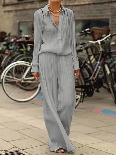 Novo ljetno žensko odijelo Temperament Jednobojna košulja dugih rukava za slobodno vrijeme Široke sportske hlače za putovanje na posao Dvodijelno odijelo