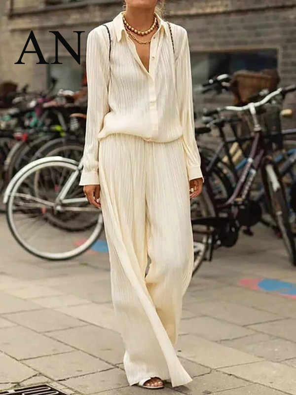 Novo ljetno žensko odijelo Temperament Jednobojna košulja dugih rukava za slobodno vrijeme Široke sportske hlače za putovanje na posao Dvodijelno odijelo