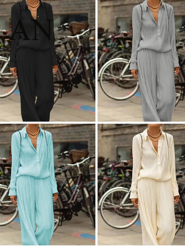Novo ljetno žensko odijelo Temperament Jednobojna košulja dugih rukava za slobodno vrijeme Široke sportske hlače za putovanje na posao Dvodijelno odijelo