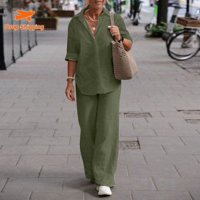 Naiste kaheosaline komplekt Naiste 2023. aasta revääridega pikkade varrukatega särk Kevad-suvised vabaaja ühevärvilised püksid, laia säärega püksikomplektid