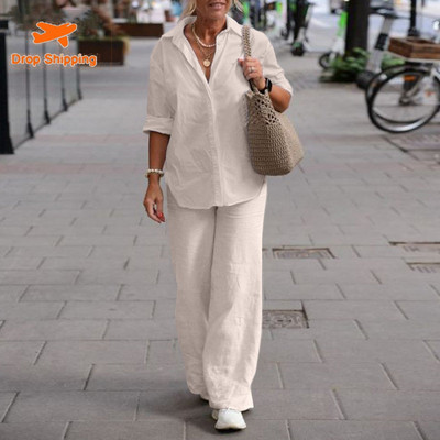 Naiste kaheosaline komplekt Naiste 2023. aasta revääridega pikkade varrukatega särk Kevad-suvised vabaaja ühevärvilised püksid, laia säärega püksikomplektid