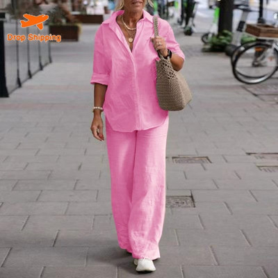 Naiste kaheosaline komplekt Naiste 2023. aasta revääridega pikkade varrukatega särk Kevad-suvised vabaaja ühevärvilised püksid, laia säärega püksikomplektid