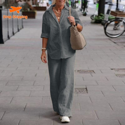 Naiste kaheosaline komplekt Naiste 2023. aasta revääridega pikkade varrukatega särk Kevad-suvised vabaaja ühevärvilised püksid, laia säärega püksikomplektid