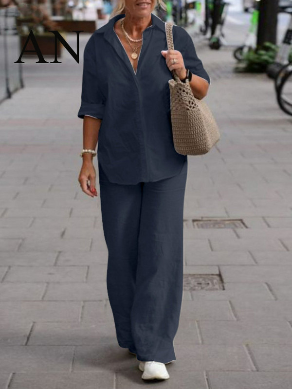 Naiste kaheosaline komplekt Naiste 2023. aasta revääridega pikkade varrukatega särk Kevad-suvised vabaaja ühevärvilised püksid, laia säärega püksikomplektid