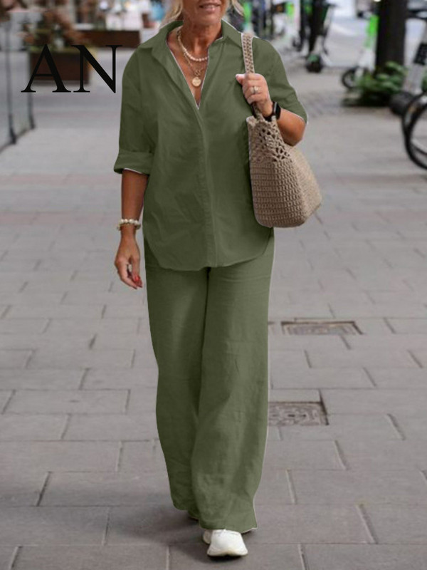 Naiste kaheosaline komplekt Naiste 2023. aasta revääridega pikkade varrukatega särk Kevad-suvised vabaaja ühevärvilised püksid, laia säärega püksikomplektid