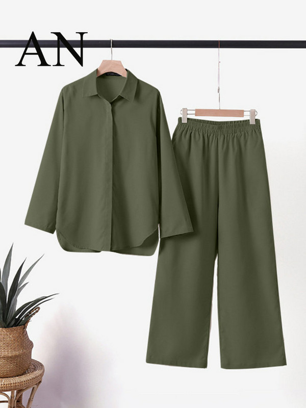 Naiste kaheosaline komplekt Naiste 2023. aasta revääridega pikkade varrukatega särk Kevad-suvised vabaaja ühevärvilised püksid, laia säärega püksikomplektid