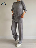 Νέο φθινόπωρο 2023 Γυναικείο κοστούμι με στρογγυλή λαιμόκοψη μακρυμάνικο μπλουζάκι ψηλόμεσο ίσιο παντελόνι δύο τεμαχίων Γυναικεία σύνολα