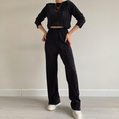 Νέο φθινόπωρο 2023 Γυναικείο κοστούμι με στρογγυλή λαιμόκοψη μακρυμάνικο μπλουζάκι ψηλόμεσο ίσιο παντελόνι δύο τεμαχίων Γυναικεία σύνολα