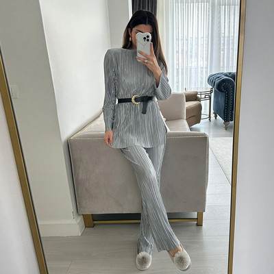 Νέο φθινόπωρο 2023 Γυναικείο κοστούμι με στρογγυλή λαιμόκοψη μακρυμάνικο μπλουζάκι ψηλόμεσο ίσιο παντελόνι δύο τεμαχίων Γυναικεία σύνολα