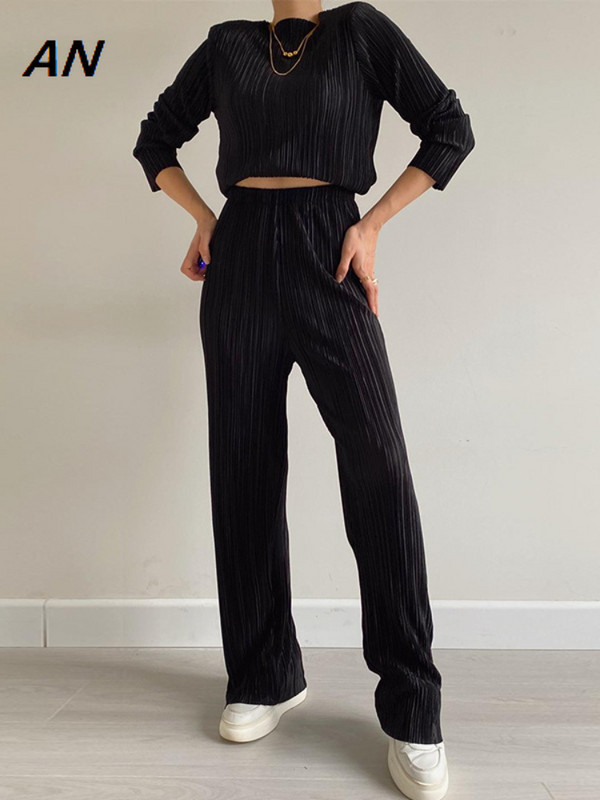 Νέο φθινόπωρο 2023 Γυναικείο κοστούμι με στρογγυλή λαιμόκοψη μακρυμάνικο μπλουζάκι ψηλόμεσο ίσιο παντελόνι δύο τεμαχίων Γυναικεία σύνολα