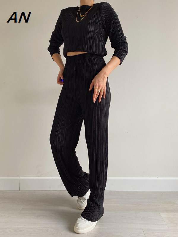 Νέο φθινόπωρο 2023 Γυναικείο κοστούμι με στρογγυλή λαιμόκοψη μακρυμάνικο μπλουζάκι ψηλόμεσο ίσιο παντελόνι δύο τεμαχίων Γυναικεία σύνολα