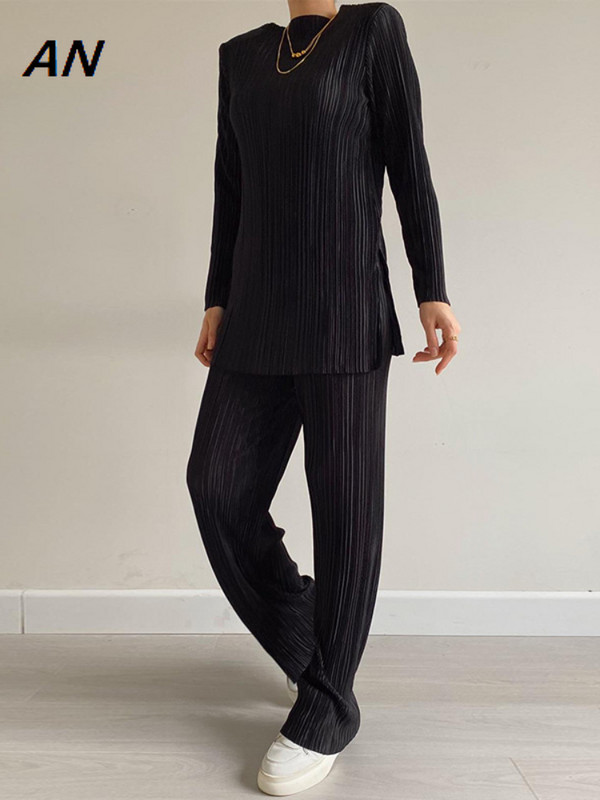 Νέο φθινόπωρο 2023 Γυναικείο κοστούμι με στρογγυλή λαιμόκοψη μακρυμάνικο μπλουζάκι ψηλόμεσο ίσιο παντελόνι δύο τεμαχίων Γυναικεία σύνολα