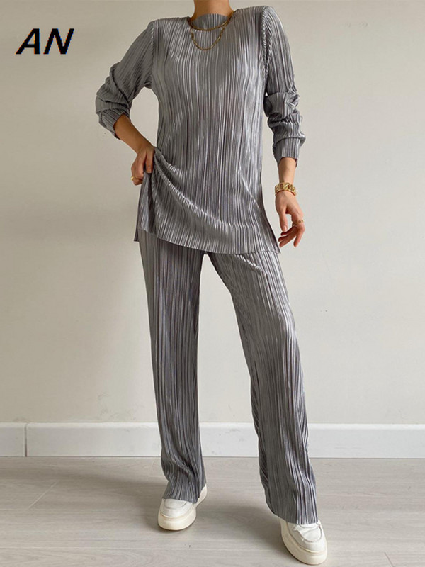 Νέο φθινόπωρο 2023 Γυναικείο κοστούμι με στρογγυλή λαιμόκοψη μακρυμάνικο μπλουζάκι ψηλόμεσο ίσιο παντελόνι δύο τεμαχίων Γυναικεία σύνολα