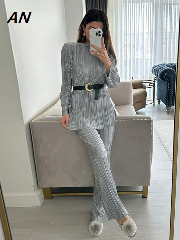 Νέο φθινόπωρο 2023 Γυναικείο κοστούμι με στρογγυλή λαιμόκοψη μακρυμάνικο μπλουζάκι ψηλόμεσο ίσιο παντελόνι δύο τεμαχίων Γυναικεία σύνολα
