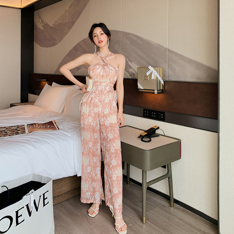 νέα άφιξη μόδα καλοκαιρινή σιφόν ολόσωμη φόρμα γυναικών στάμπα παραλίας ιδιοσυγκρασία λουράκι σπαγγέτι σέξι γλυκό ροζ κομψή λεπτή φόρμα