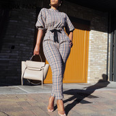 Γυναικεία ολόσωμη φόρμα με καρό φανάρι με δεμένη λεπτομέρεια