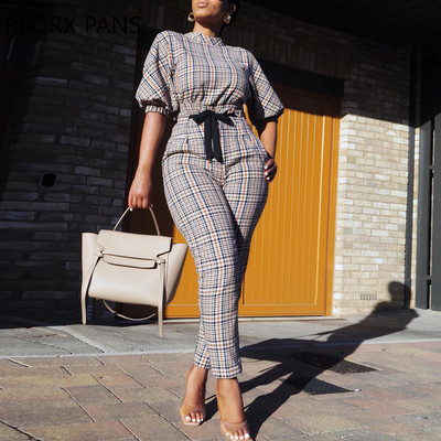 Γυναικεία ολόσωμη φόρμα με καρό φανάρι με δεμένη λεπτομέρεια