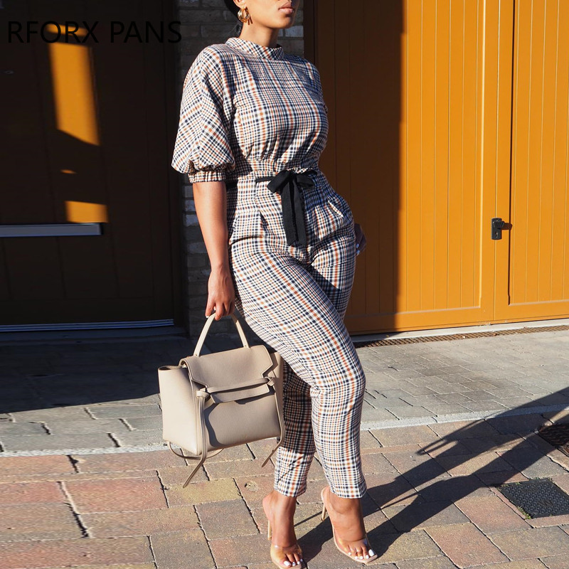 Γυναικεία ολόσωμη φόρμα με καρό φανάρι με δεμένη λεπτομέρεια