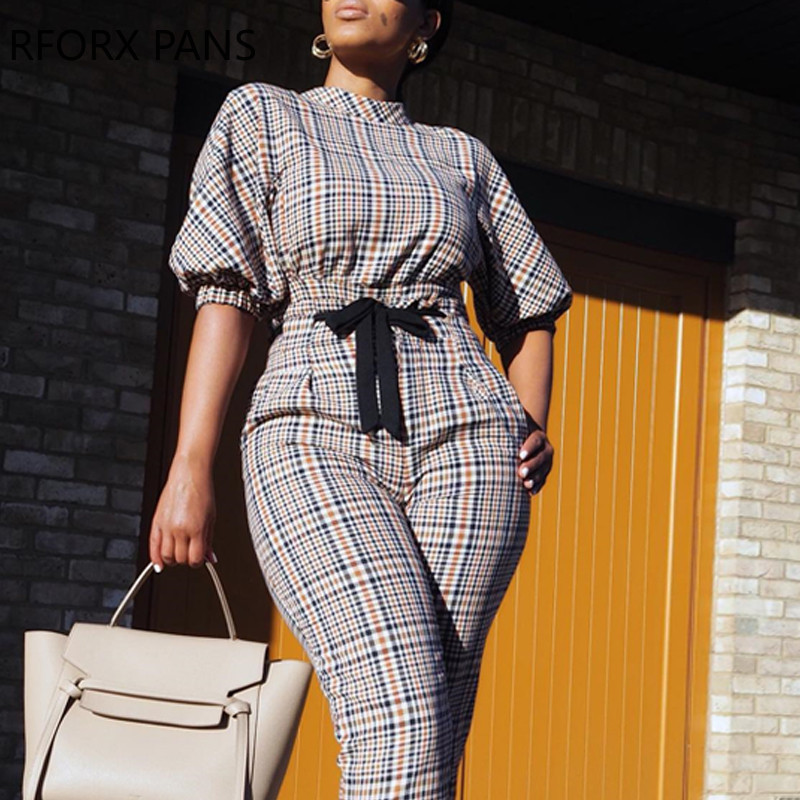 Γυναικεία ολόσωμη φόρμα με καρό φανάρι με δεμένη λεπτομέρεια