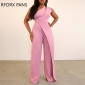 Ženski jednobojni elegantni seksi radni svečani kombinezon bez rukava s ravnim nogavicama na jedno rame