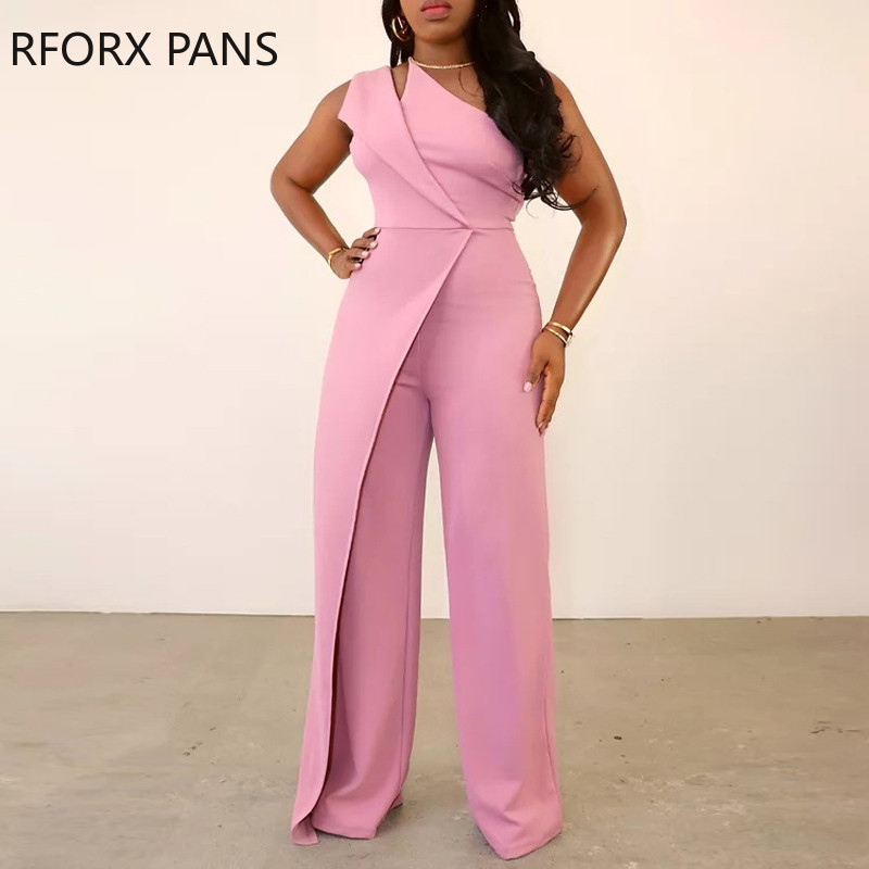 Ženski jednobojni elegantni seksi radni svečani kombinezon bez rukava s ravnim nogavicama na jedno rame