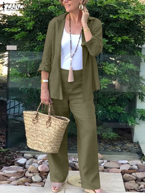 ZANZEA jednobojne košulje, bluze dugih rukava, ležerni kompleti hlača, jesenski ženski odgovarajući setovi, modni urbani dvodijelni set trenerki