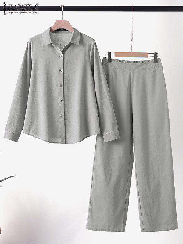 ZANZEA jednobojne košulje, bluze dugih rukava, ležerni kompleti hlača, jesenski ženski odgovarajući setovi, modni urbani dvodijelni set trenerki