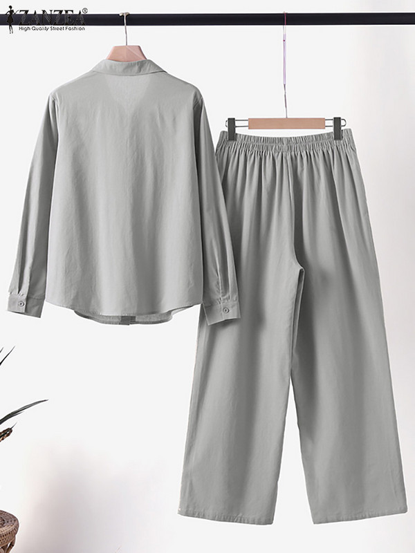 ZANZEA jednobojne košulje, bluze dugih rukava, ležerni kompleti hlača, jesenski ženski odgovarajući setovi, modni urbani dvodijelni set trenerki